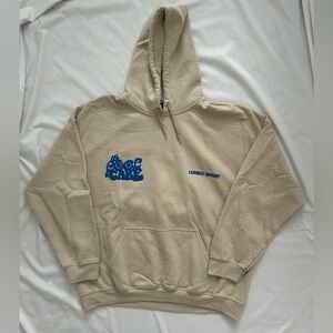 Lonely ghost XL hoodie, “it’s cool to care”, tan/blue color